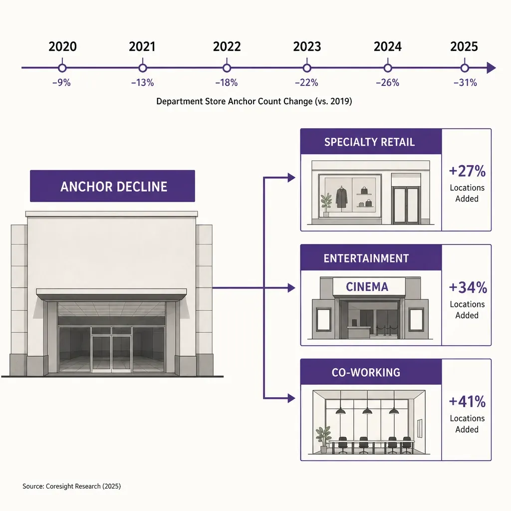 Infographic showing decline of traditional anchor stores transitioning to new anchor types like specialty shops, entertainmen