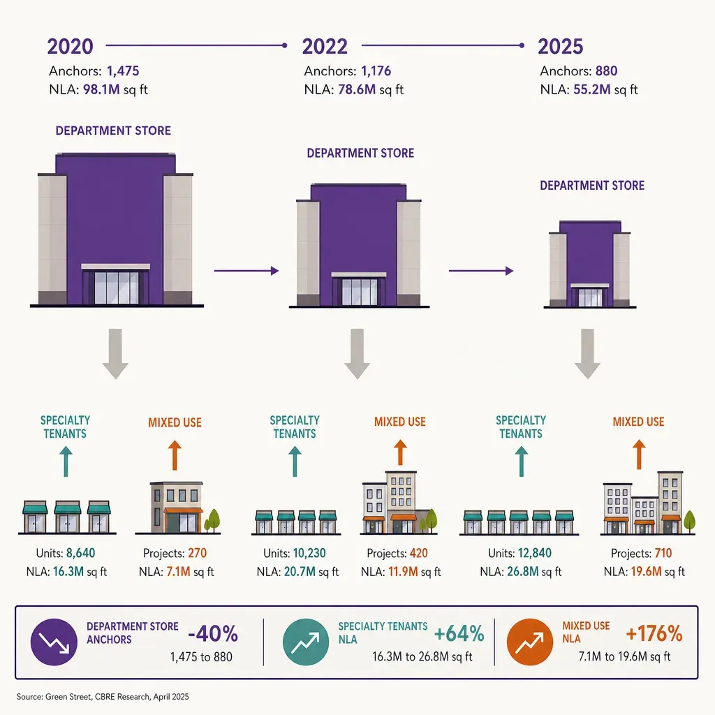 Infographic illustrating department store anchor decline and rise of specialty tenants and mixed use in malls from 2020 to 20