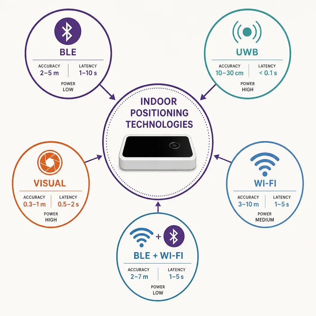 Flache Vektorinfografik mit Symbolen für BLE, UWB, visuelle, Wi-Fi- und kombinierte Signaltechnologien für Indoor-Navigation