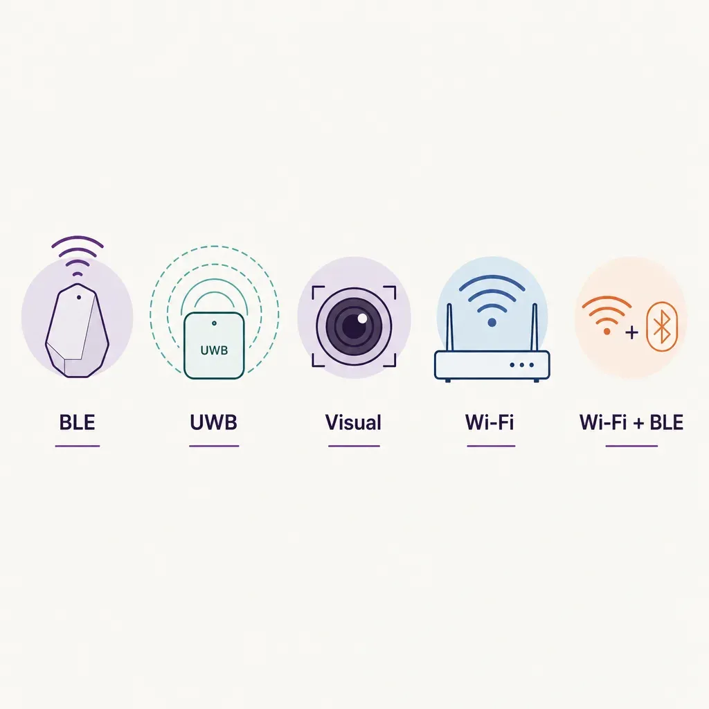 Flache Vektorinfografik zum Vergleich von Indoor-Navigations-Technologien BLE, UWB, visuell, Wi-Fi und Wi-Fi plus BLE mit