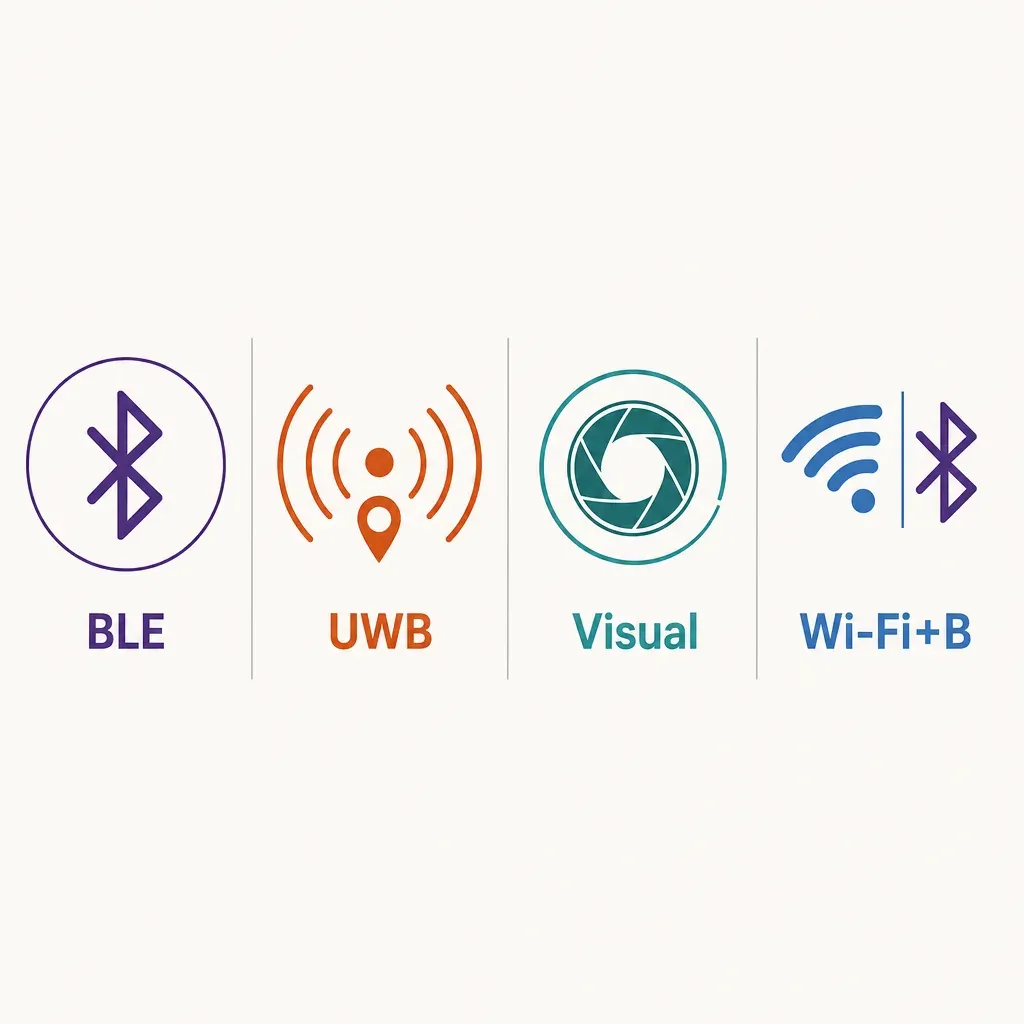 Flache Vektorinfografik zum Vergleich von BLE, UWB, visuellen und Wi-Fi+BLE-Technologien für Indoor-Navigation mit Symbolen