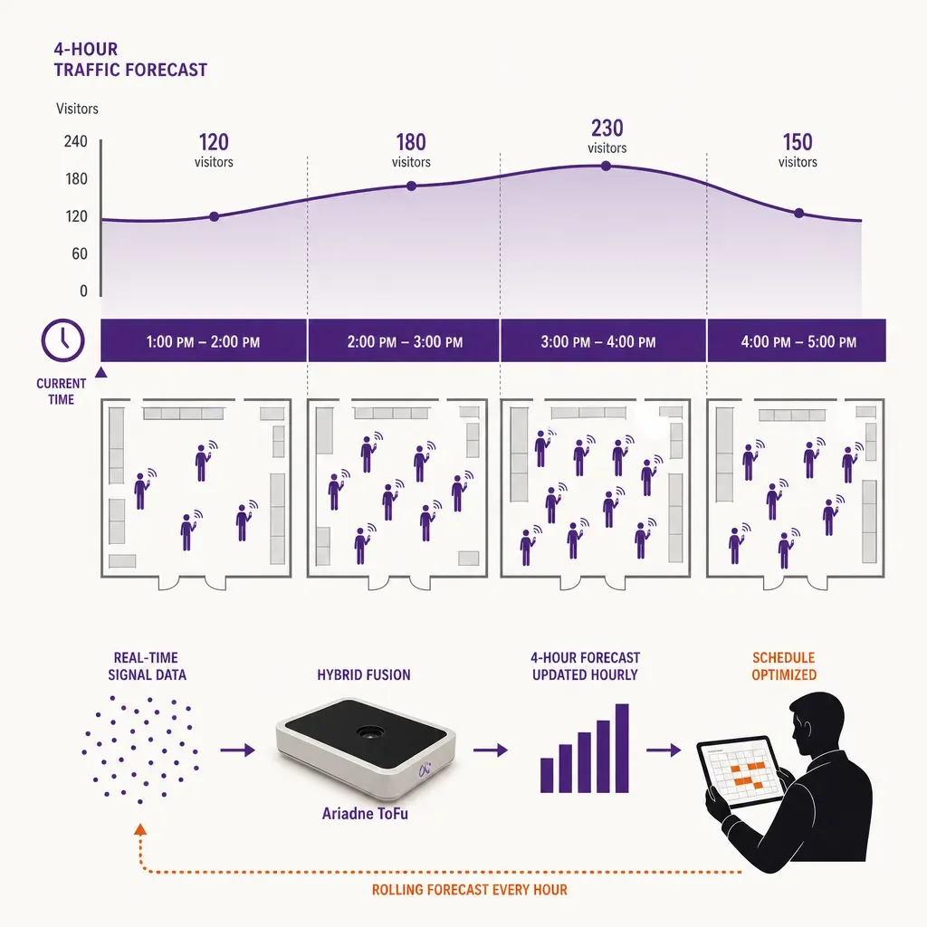infographic illustrating a rolling 4-hour store visitor forecast influencing employee schedule adjustments with timeline, vis