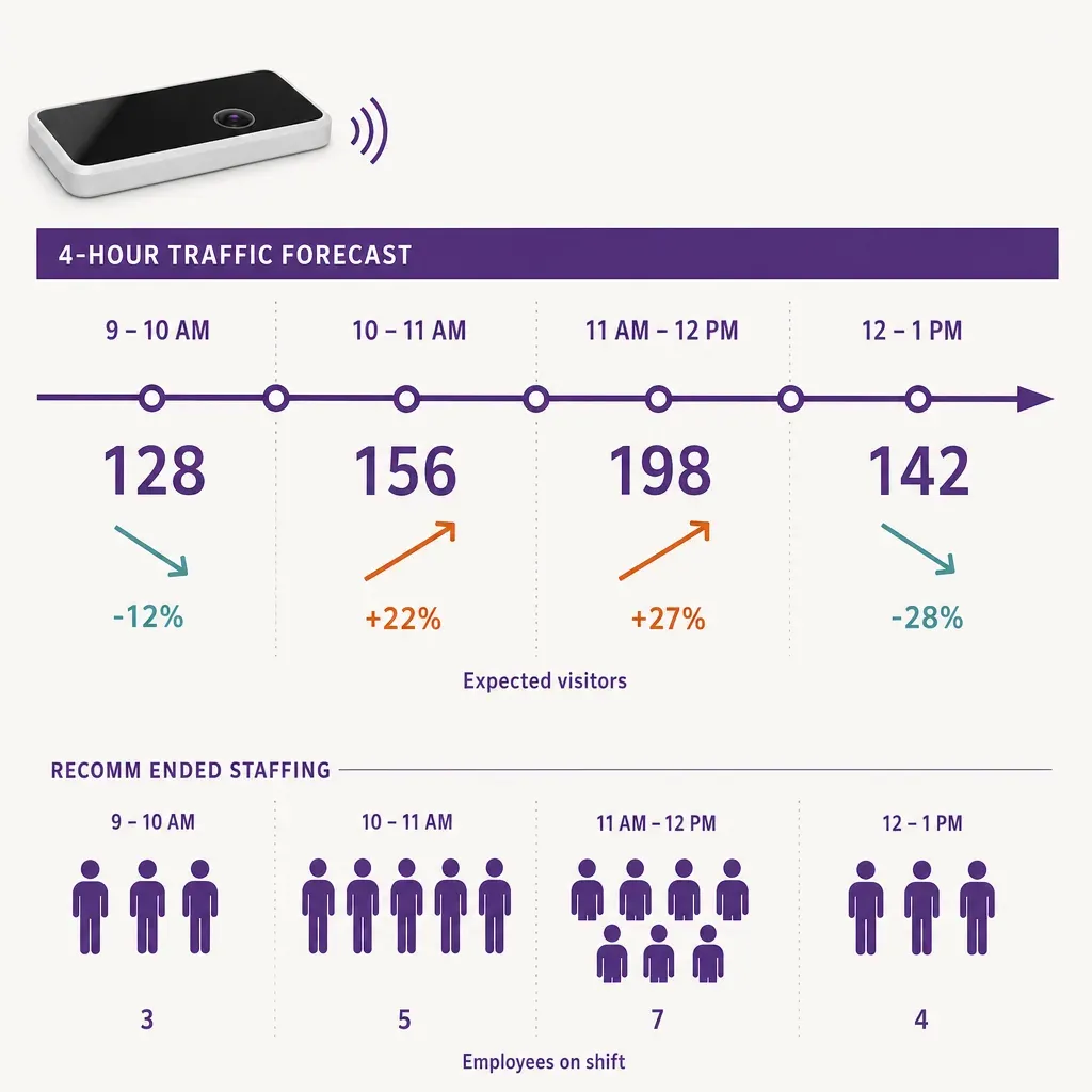 Infografik mit 4-Stunden-Zeitachse, Besucherzahlen-Trendpfeilen und Mitarbeiter-Symbolen zur dynamischen