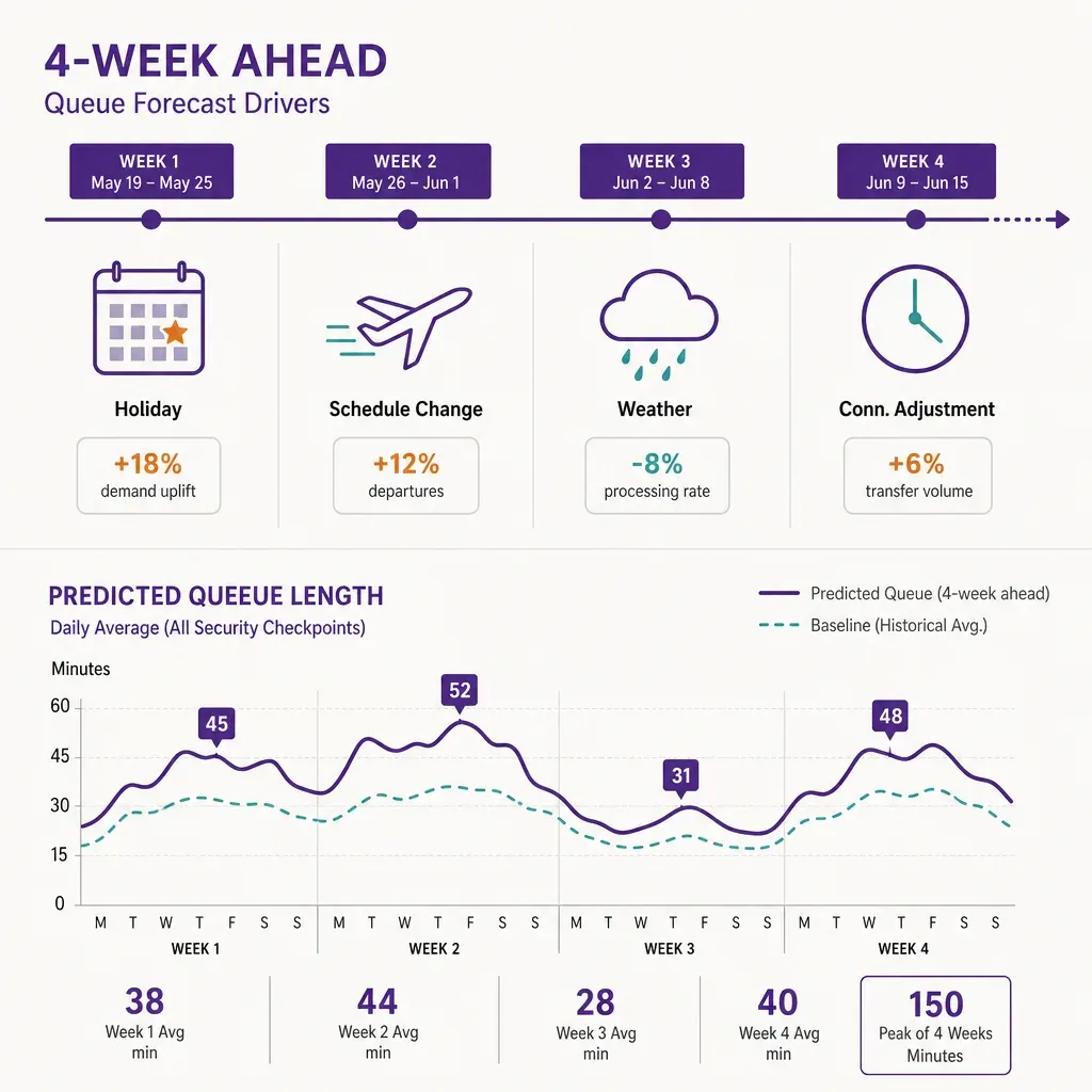 Infographic showing a 4-week timeline of airport queue forecast factors and a line chart of decreasing predicted queue length