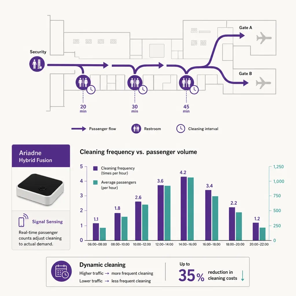 Infographic illustrating how passenger flow in an airport terminal influences restroom cleaning schedules with flow arrows, r