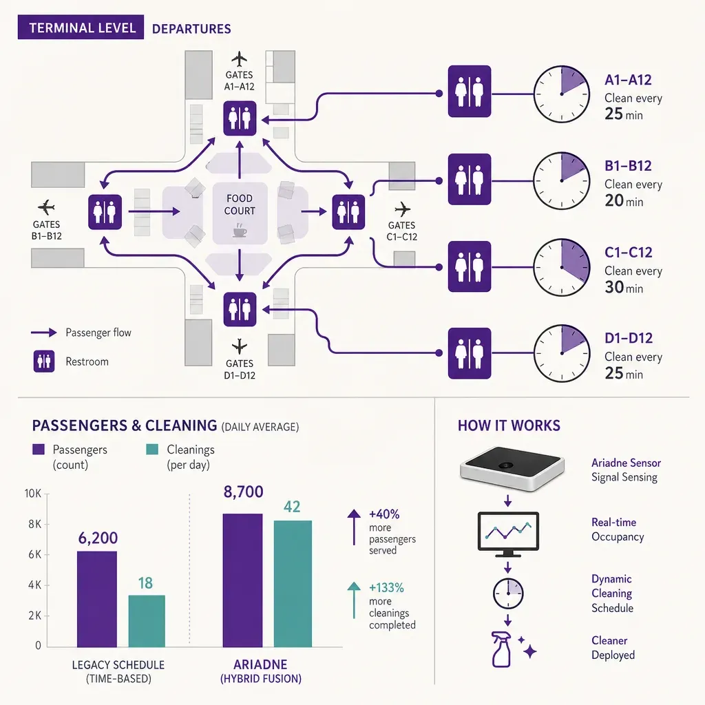 infographic of airport passenger flow to restrooms linked to cleaning schedules with flow arrows and clock icons