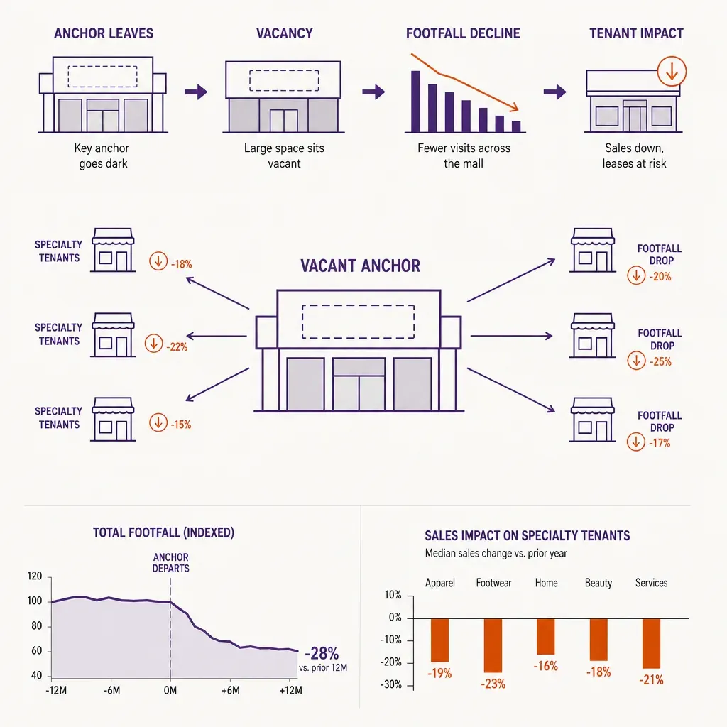infographic illustrating the impact flow of an anchor tenant leaving, showing a vacant anchor store causing footfall drop and