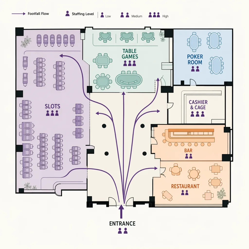 Casino floor zones and where footfall concentrates
