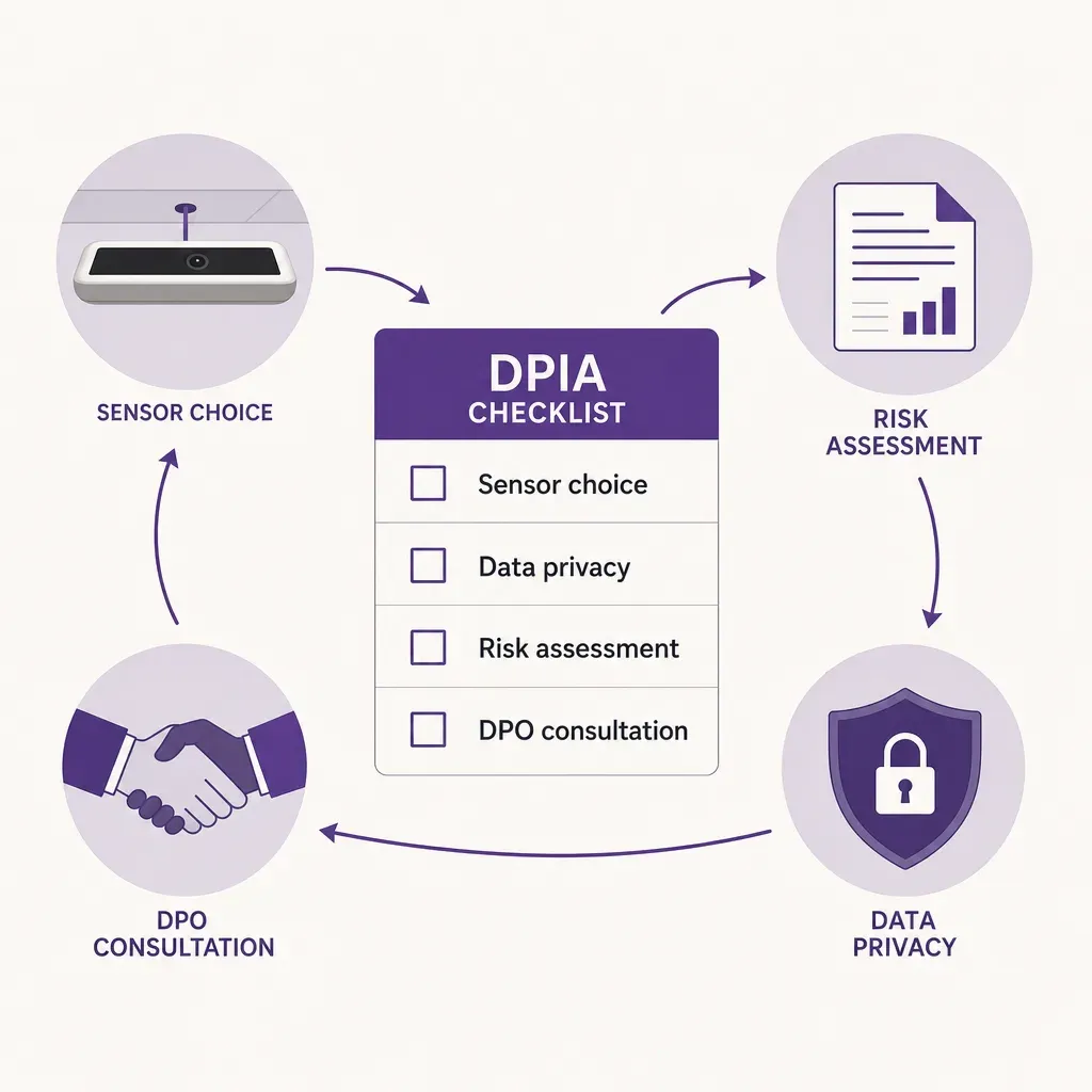Infographic of a DPIA checklist with icons for people counting sensors, privacy, risk, and collaboration