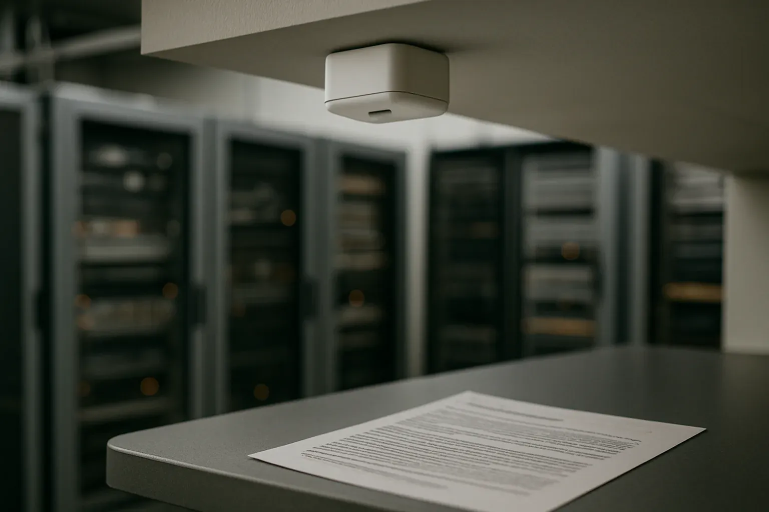 Edge sensor mounted on ceiling in a softly lit server room with regulatory documents on a nearby desk