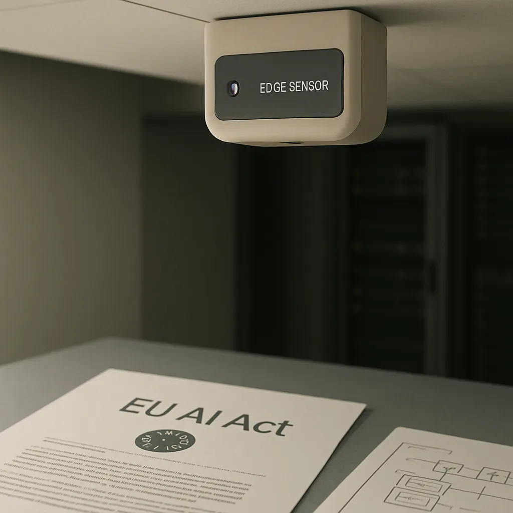 Ceiling-mounted edge sensor device in a technical workspace with a regulatory compliance document on desk and server racks in