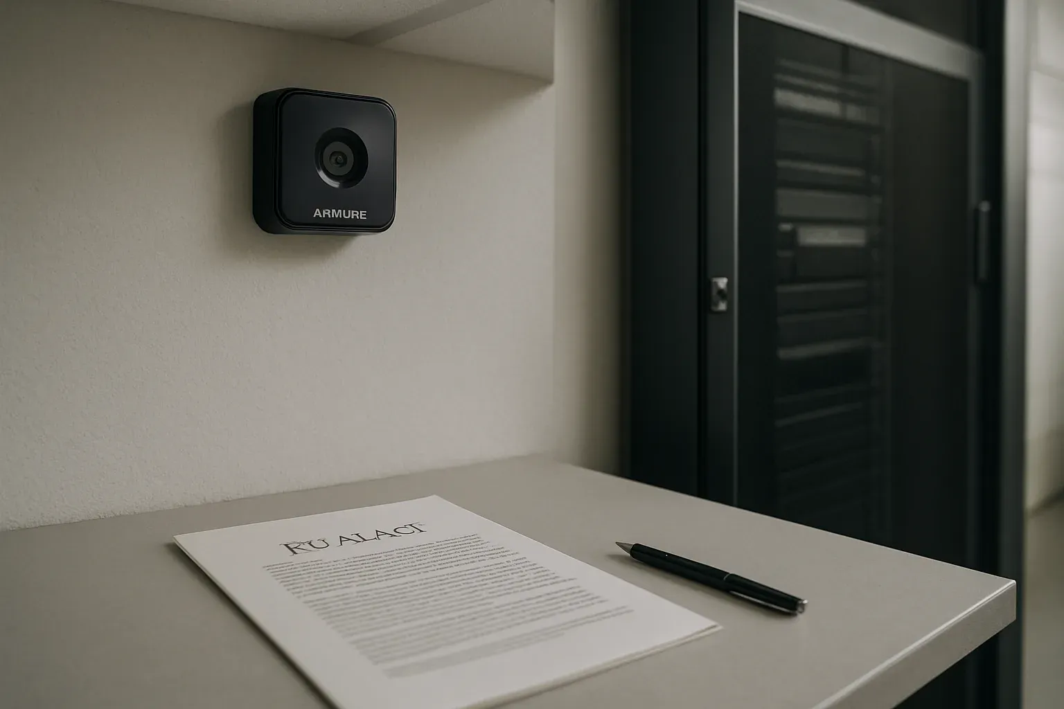 Ceiling-mounted Ariadne edge sensor and EU AI Act document on desk in a server room corner with natural light
