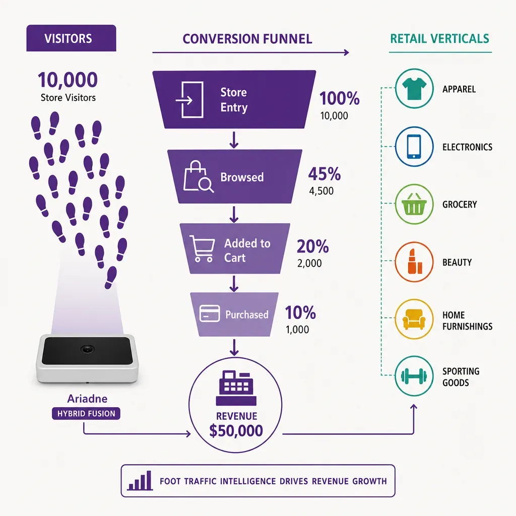 flat vector infographic showing flow from store visitors to revenue with retail vertical icons and simple labels