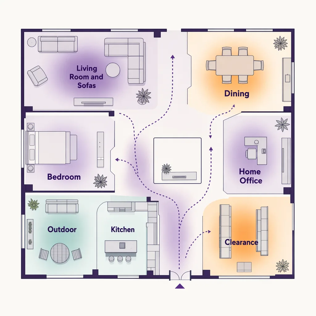 Which furniture-showroom zones draw the most footfall