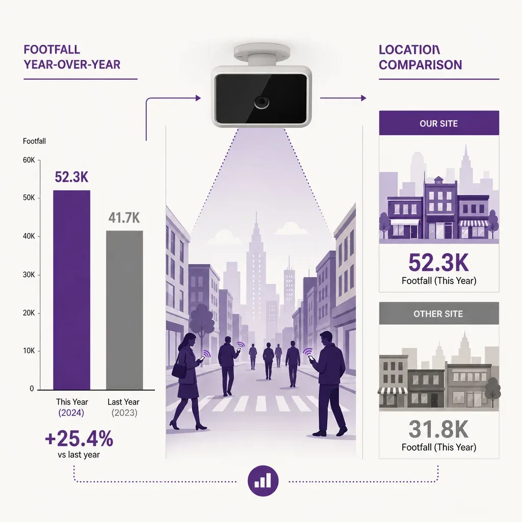 flache Vektorinfografik eines Personenzählers über einer Stadtstraße mit Balkendiagrammen zum Vergleich der Besucherzahlen