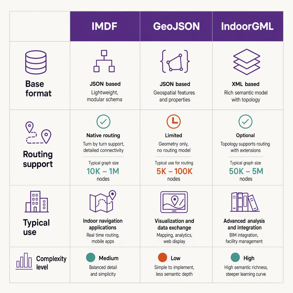 IMDF, GeoJSON, and IndoorGML compared
