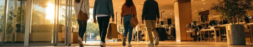 Four shoppers walk together into a brightly lit department store entrance with a small ceiling-mounted sensor visible above t