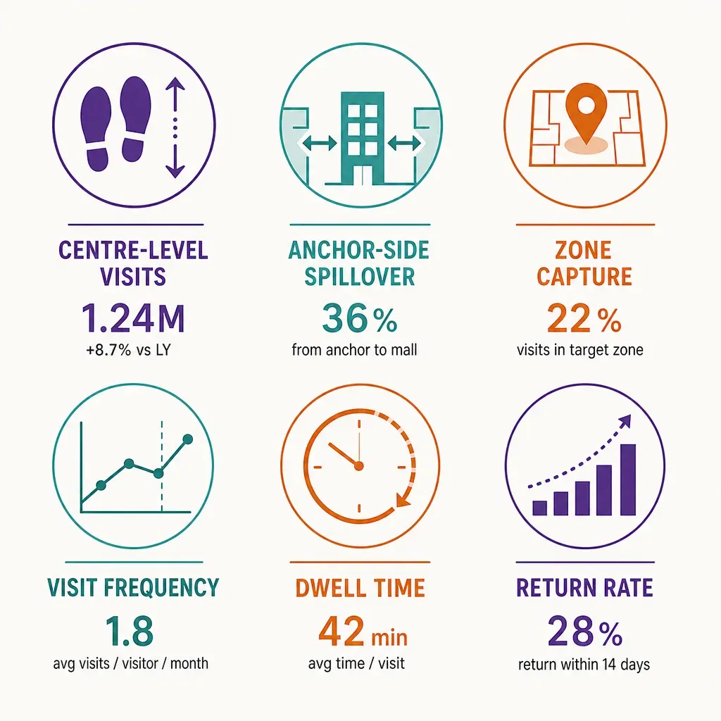 Colorful infographic showing six icons representing footfall metrics like visits, spillover, dwell time, day-part mix, and we
