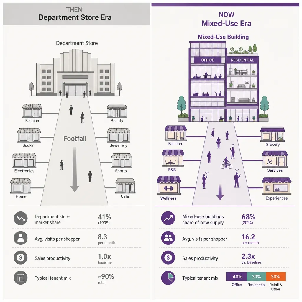 Infographic illustrating transition from department store anchor tenant pulling foot traffic to mixed-use buildings combining