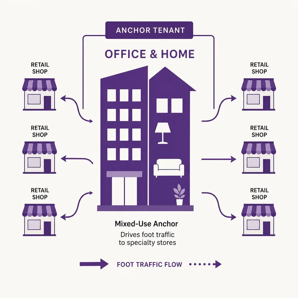 Infografik mit gemischt genutztem Büro und Wohngebäude, Ankermieter steigert Kundenfrequenz im Einkaufszentrum