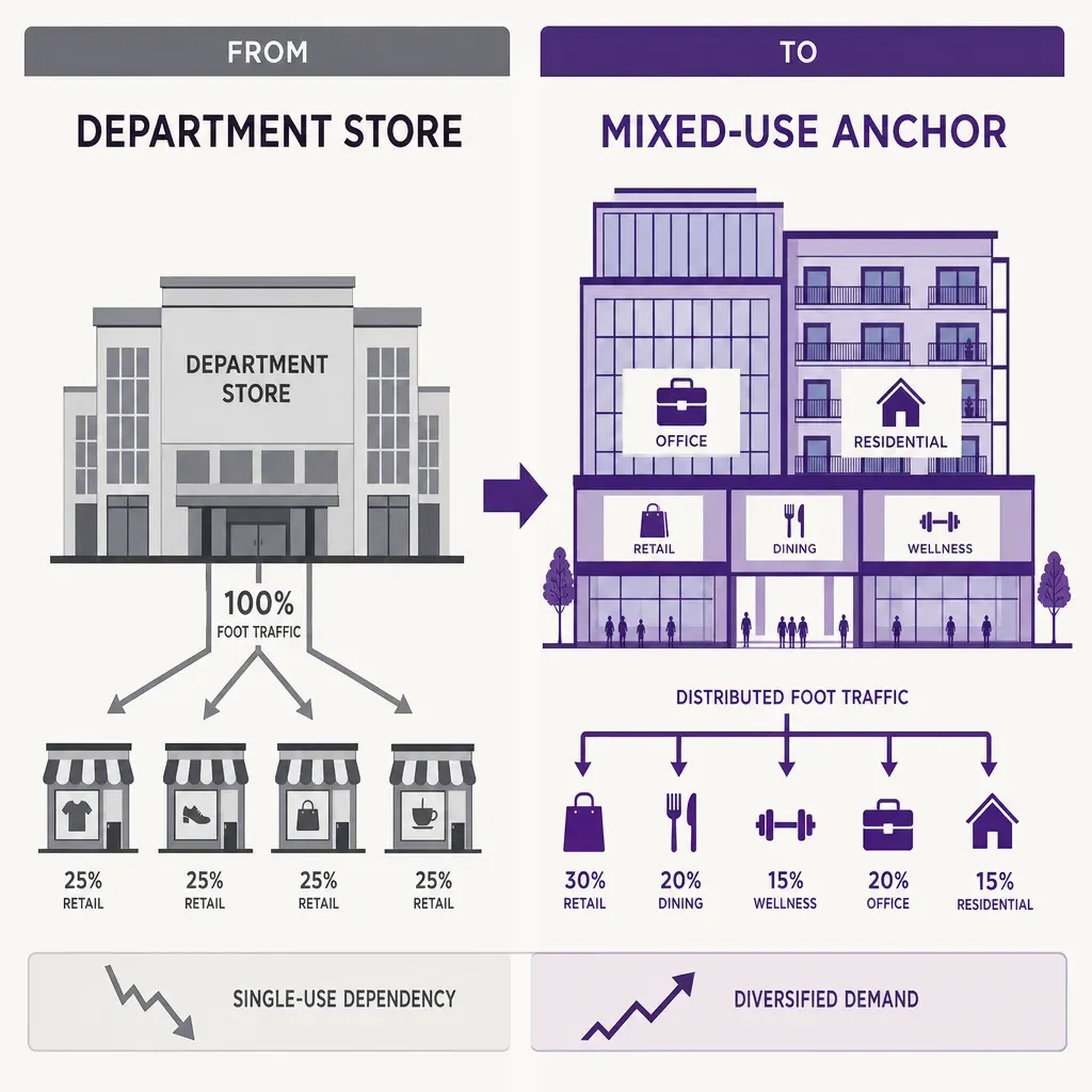 Vektor-Infografik vergleicht traditionellen Ankermieter im Kaufhaus mit modernem gemischt genutztem Bürogebäude