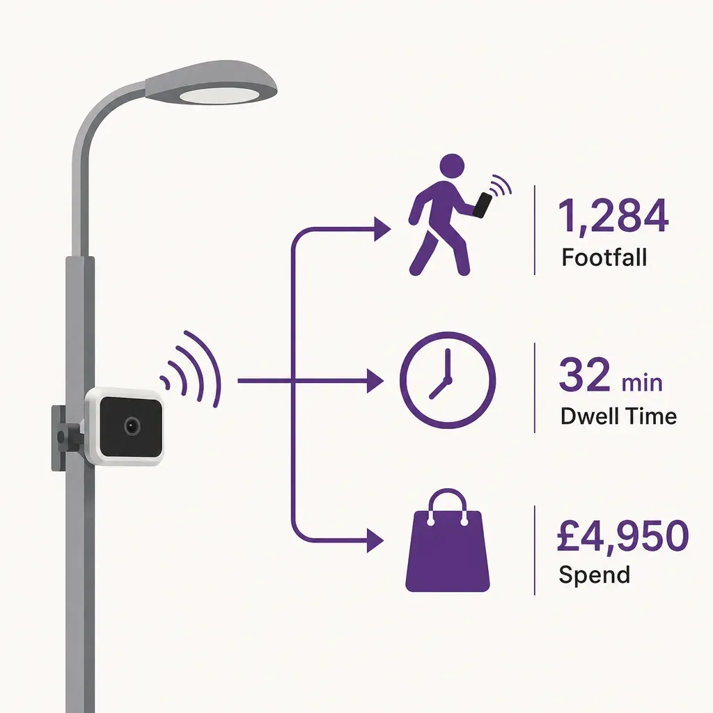 flat vector infographic showing people-counting sensor feeding data into footfall, dwell time, and spend icons representing p