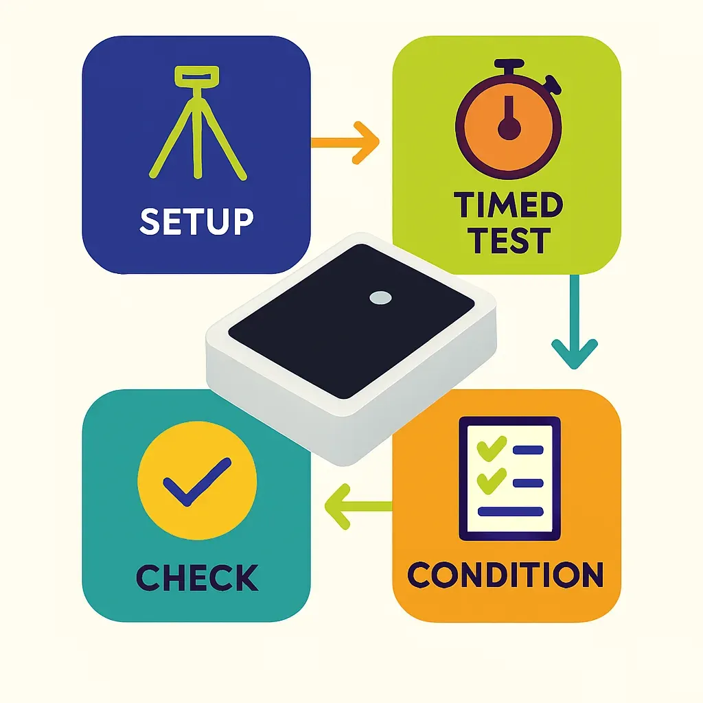 flat vector infographic showing four steps to verify people-counting sensor accuracy: sensor setup, timed test, condition che