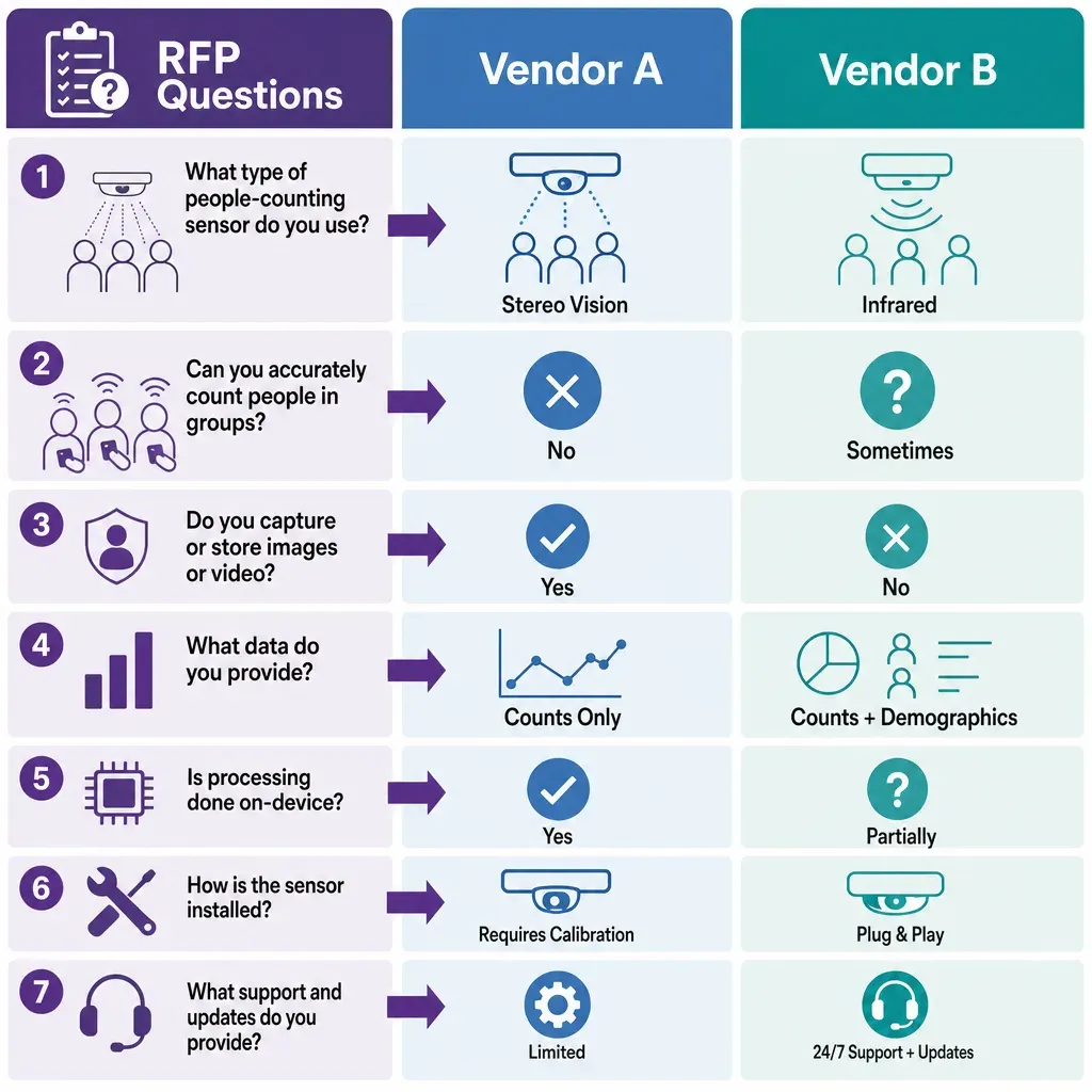 Infografik vergleicht Personenzählungs-RFP-Fragen mit unterschiedlichen Anbieterantworten nebeneinander