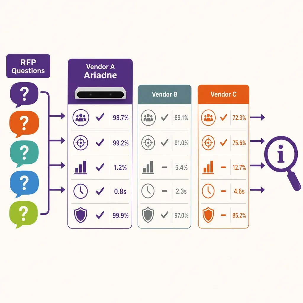 Infografik zeigt, wie spezifische RFP-Fragen zu vergleichbaren Antworten von Personenzähler-Anbietern führen
