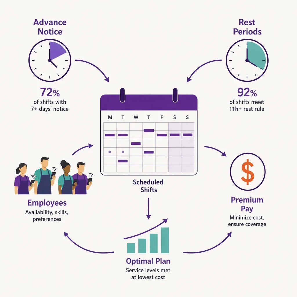 infographic showing retail employee scheduling with calendar, clocks, workers, and pay icons illustrating predictive scheduli