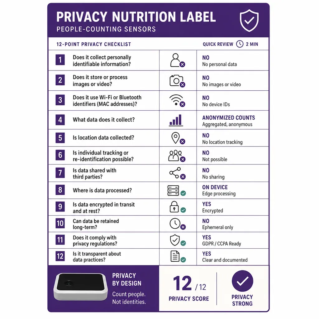 Infografik einer Checkliste für Datenschutz-Nährwertlabels bei Sensoren mit Symbolen zu Datentypen, Compliance und schneller