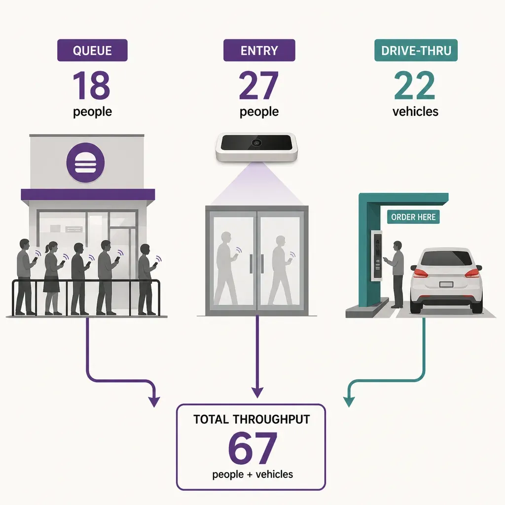 Infographic showing a quick-service restaurant storefront with queue, drive-thru lane, and a ceiling sensor feeding into a co