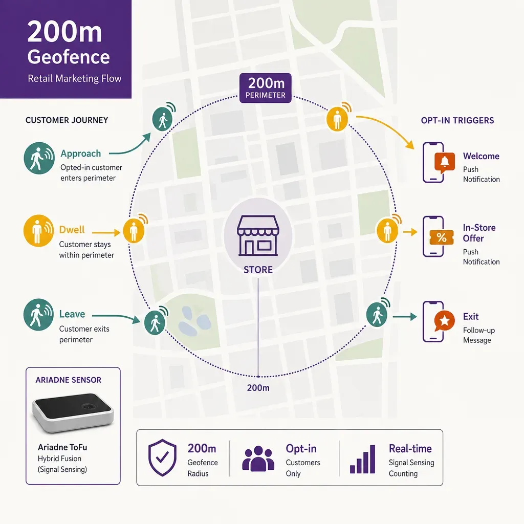 Infographic illustrating retail geofence marketing with a 200m perimeter around a store, showing opted-in customers triggerin
