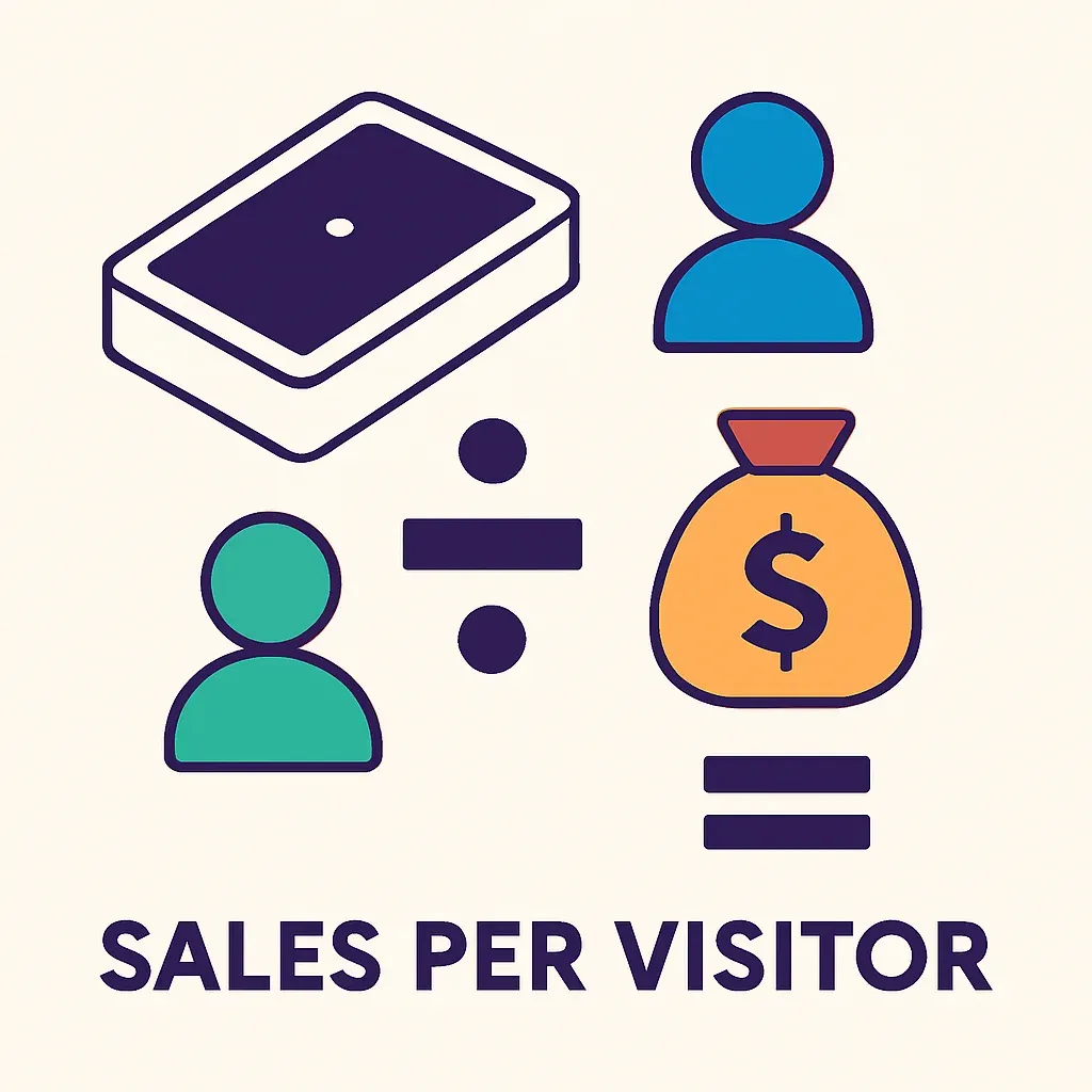 infographic illustrating sales per visitor metric with people-counting sensor, visitor count icons, sales icons, and the resu
