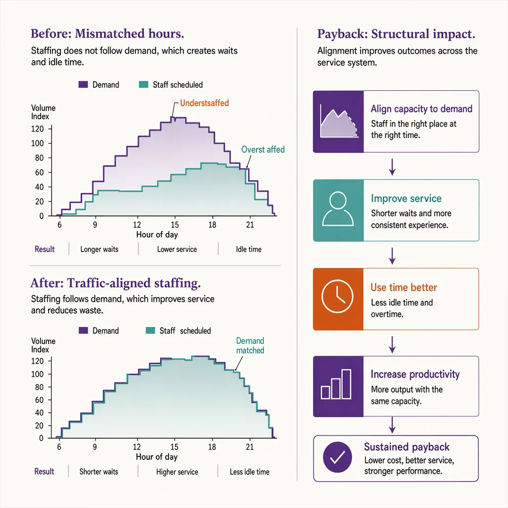 Before and after traffic-aligned staffing