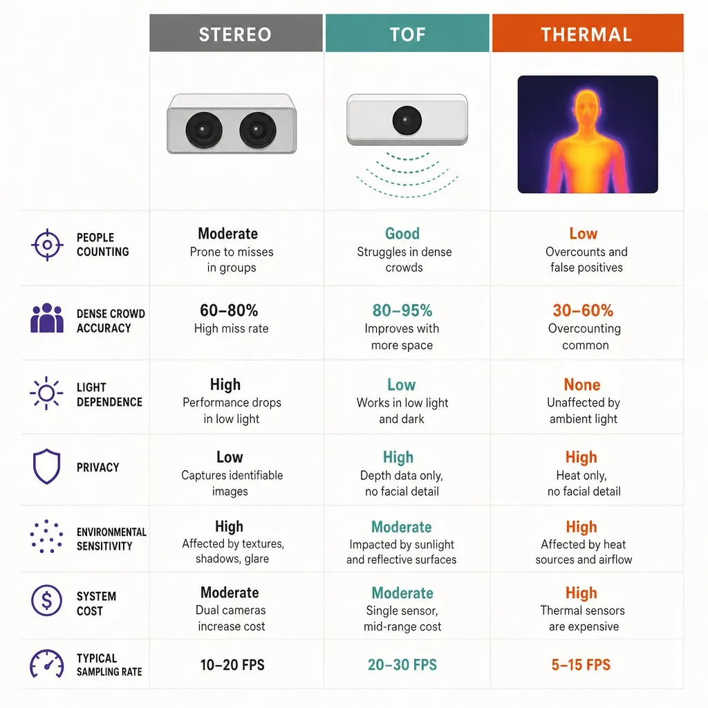 flat vector infographic comparing stereo, ToF, and thermal people-counting sensors with icons and feature labels