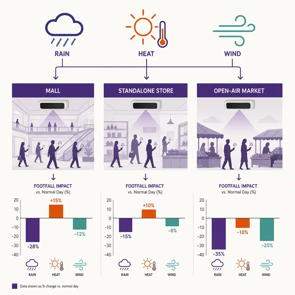 Infographic illustrating how rain, temperature, and retail format affect footfall measured by ceiling-mounted people-counting